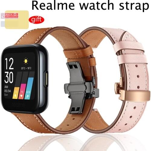 Leather straps For XIAOMI Realme watch strap smart watch Wristband bracelet Butterfly Metal buckle + TPU screen protector film