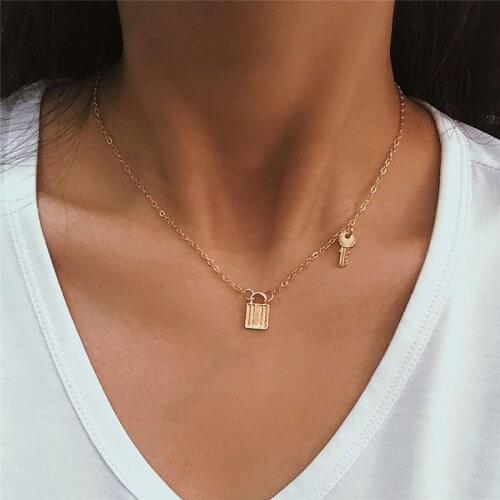 LETAPI New Fashion Punk Vintage Padlock Key Pendant Necklace for Women Gold Color Collar Jewelry