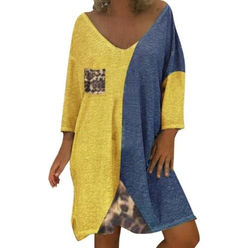 70% Hot Sell Fashion Women Leopard Patchwork V Neck Long Sleeve Pocket Loose Dress Sundress