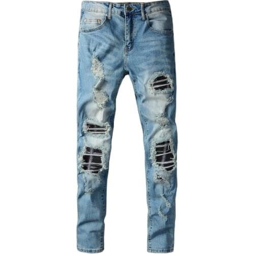 New mens male trousers High street fashion brand new patch ripped jeans blue mens trend stretch slim fit denim pants 663