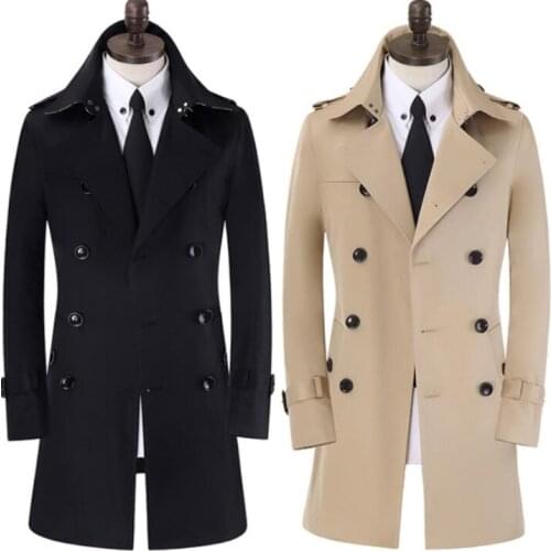 Mens trench coats black khaki man middle length coat men spring autumn clothes business casual slim fit overcoat long sleeve