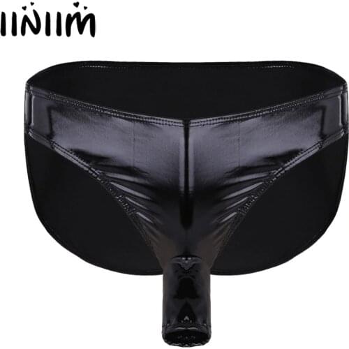 Mens Lingerie Underwear Wet Look Patent Leather Briefs Underwear Panties with Open Penis Sheath Hole Gay Sexy Exotic Panties