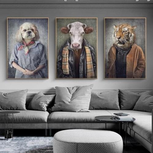 Nordic Vintage Art Animals in Human Clothes Canvas Paintings On the Wall Art Posters And Prints Tiger In Suit Canvas Pictures