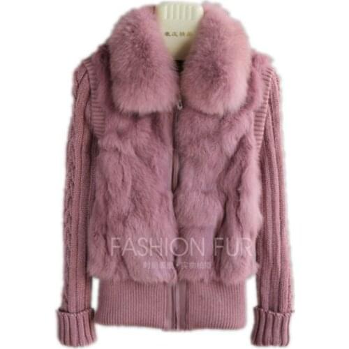 QIUCHEN 2018 Free shipping Brand New natural rabbit fur jacket with real fox fur collar real rabbit fur coat in stock
