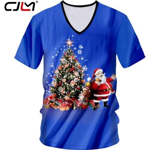 CJLM The New Listing Mens Clothing 3D Printed Christmas Tree And Santa Claus Colored Casual Man Big Size V Neck Tshirt