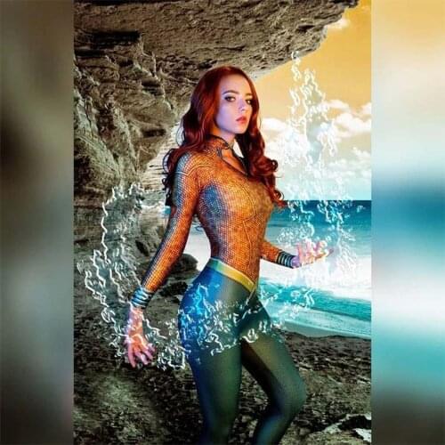 New Mera Cosplay Costumes Woman Girls Female Superhero Zentai Suit Halloween Bodysuit Adults Kids