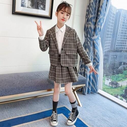 Girls Autumn 2021 Plaid Sets Jackets + Pleated Skirts Uniform Student Fashionable Wear 4-12 Years Old Girl Outwear 2 Pieces