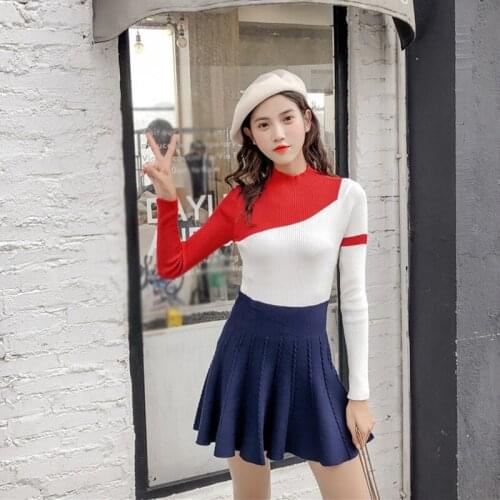 Autumn Knitted Sweater Pullover Women Long Sleeve Slim Tops O Neck Geometric Patchwork Sweaters Top