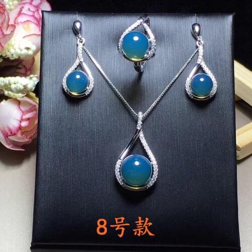 Natural 925 sterling silver inlaid 100% real blue amber beads necklace ring earrings for women amber bracelet jewelry sets