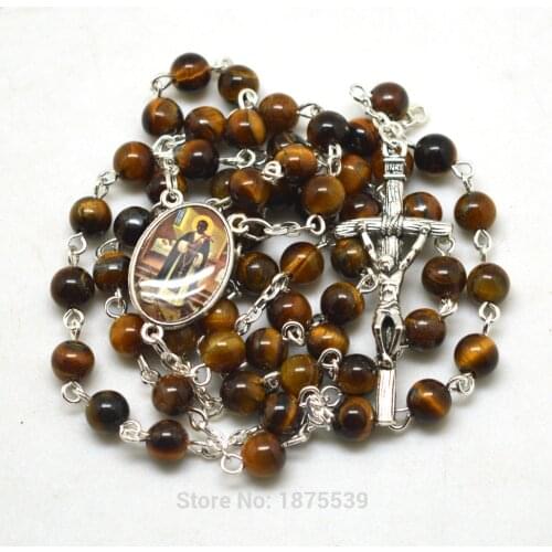 San Martin Catholic Rosary Necklace Fashion Tiger Eye Bead Popular In USA