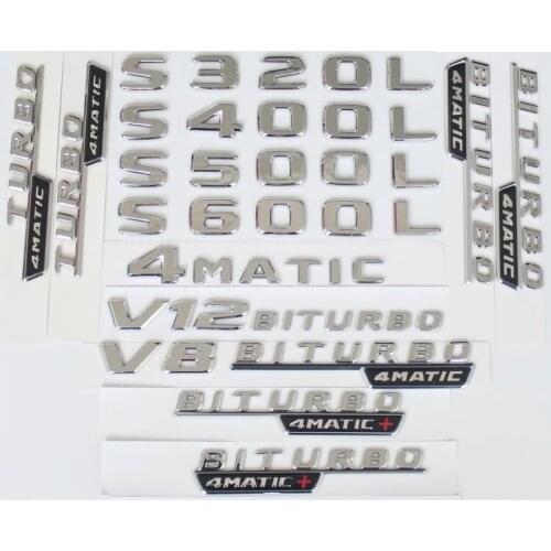 Flat Chrome Rear Trunk Letters Badge Badges Emblem Emblems for Mercedes Benz S320L S400L S500 S500L S600L V8 V12 BITURBO 4MATIC