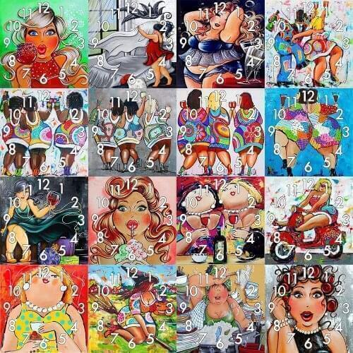 Dpsprue Full Diamond Painting Cross Stitch Cartoon Women With Clock Mechanism Mosaic 5D Diy Square Round 3d Embroidery Gift