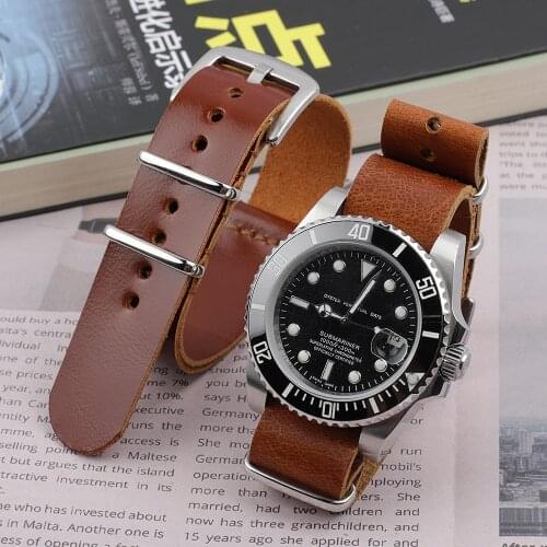 Trendy Genuine Leather Nato Strap 18mm 20mm 22mm 24mm Red Brown Zulu Watchband Stainless Steel Silver Buckle Military Watchstrap