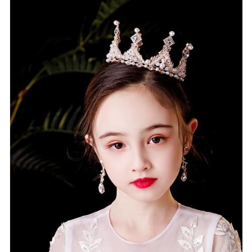 Luxury Gold Pearl Kids Crown Crystal Rhinestone Round Tiara Crowns For Child Girls Women Princess Diadems Wedding Hair Jewelry