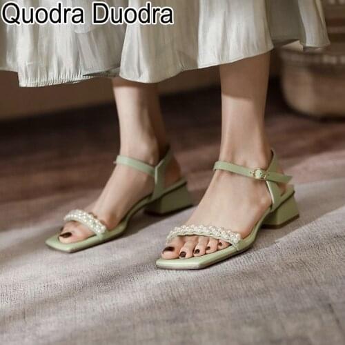 New summer Sandals women shoes open/square toe thick high heels pumps Pearl Retro Female buckle fashion chunky solid Big Size 37