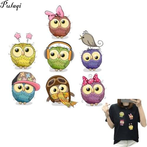 Pulaqi Cartoon Owl Thermo-Stickers Animal Patches Set Washable Iron-On Accessory Print On T-Shirt DIY Heat Transfers Applique H