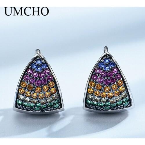 UMCHO 2020 New Style Solid Silver 925 Jewelry 3-angled Pattern Created Emerald Reverse Buckle Earrings For Women Birthday Gifts