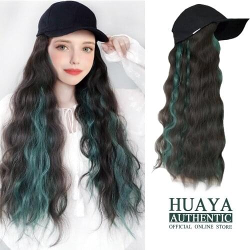 Womens Baseball Cap Long Wavy Curly Synthetic Wig Heat Resistant Fiber Hat Wig Hat Adjustable Size Black/Brown/Green