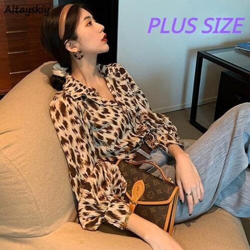 Shirts Women Leopard Lantern Sleeve Korean Style Elegant Slim Trendy Popular Chic Spring Vintage Female Top Chiffon Cozy Autumn