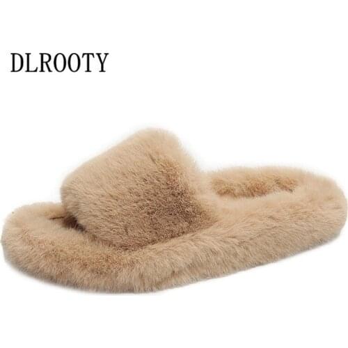 Women Slippers Winter Warm Outdoor Fur Fashion Platform Silent Non-slip Home Shoes Girls Slides Flat Casual Flip Flops