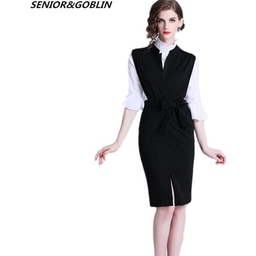 2019 Spring Women 2 Piece Set Dress New White Ruffles Stand Collar Blouse Tops+Black Sleeveless Notched Collar Pencil OL Suit