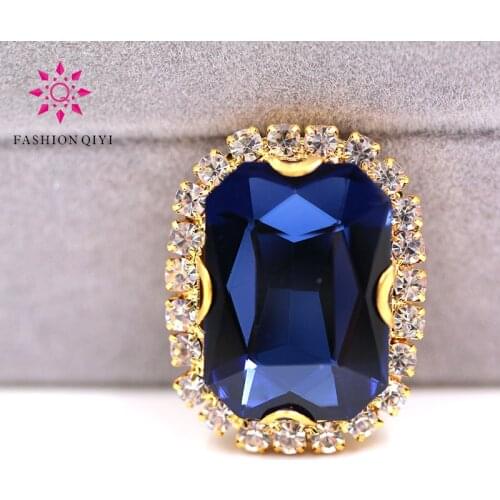 Gold base Rectangular octagonal shape Ink Blue sew on rhinestones glass Crystal button DIY Wedding dress/clothing accessories