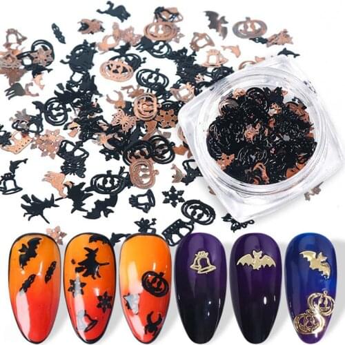 120Pcs/box Halloween Nail Sticker Metal Nail Decals Flakes Metallic Nail Art Salon Accessories 3D Nail Decorations