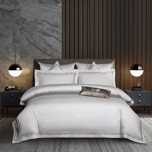 White Stripe Embroider Bedding Set Luxury Five-Star Hotel Quality 600TC Egyptian Cotton Duvet Cover Bed Sheet Linen Pillowcases