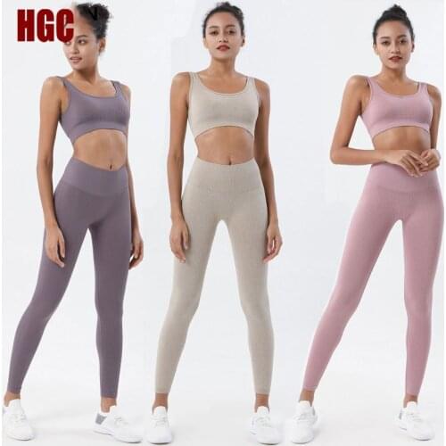 HGC Seamless Fitness Bra Suit Nylon Yoga Set Women Gym Clothes Elastic Sport Leggings And Top Push-up Quick Drying Sportwear