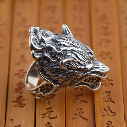 BOCAI S925 sterling silver ring antique silver wolf retro style unique male style gift