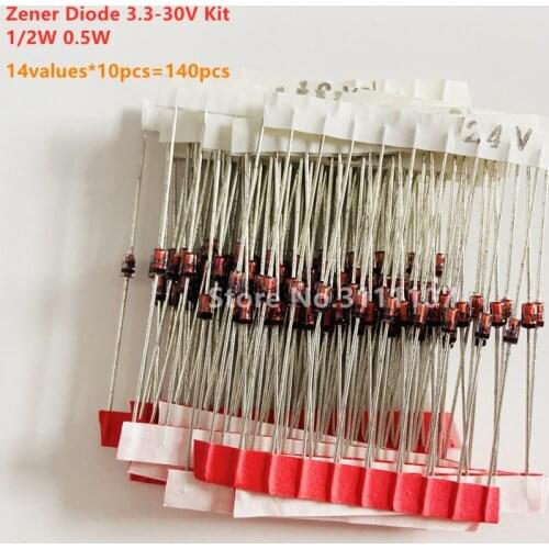 14values*10pcs=140pcs 1/2W 0.5W Zener Diode 3.3-30V Assorted Assortment Set New Electronic Diy Kit