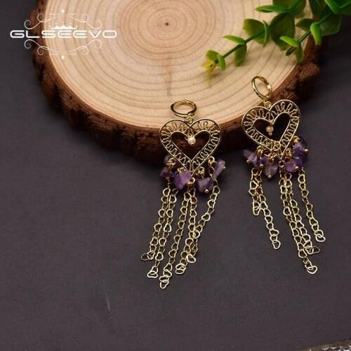 GLSEEVO Natural Freshwater Pearl Long Earrings For Womens Wedding Natural Purple Crystal Tassel Romantic Korean Jewelry GE1021