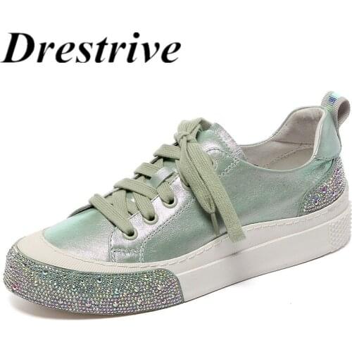Drestrive Women Flats 2021 Spring New Arrival Sport Crystal Round Toe Cross Tied Lace Up Platform Casual Shoes Low Heel Sneakers