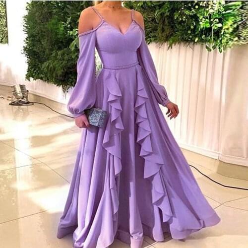 Purple A Line Off the Shoulder Prom Dresses V Neck Ruffles Floor Length Chiffon Maxi Dress Beading Sash Evening Gowns