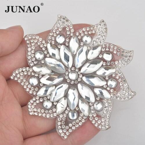 JUNAO 75mm Hotfix Clear Glass Flower Rhinestones Patches Iron On Clothes Patch Crystal Applique Strass Motifs For Crafts