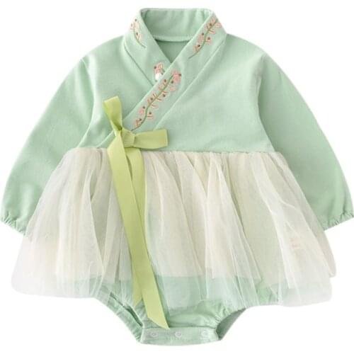 New Born Baby Romper for Girl Fashion Embroidery Mesh Jumpsuit 2021 Spring Autumn New Chinese Style Kids Clothes Girls Outfits