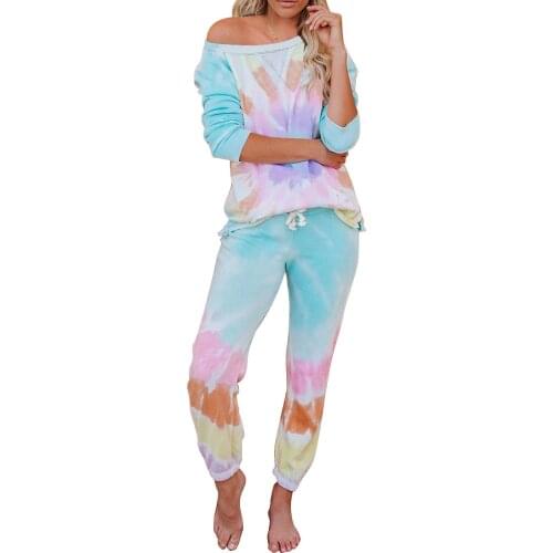 Multicolor/Green Cotton Blend Pocket Tie-dye Loungewear Set 2 Pieces Sets Women Fashionable Color Block Plus Size S-2XL Outfits