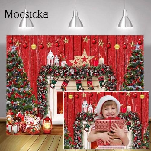 Red Christmas Background Fireplace Socks Children Winter Birthday Cake Smash Backdrop Gifts Christmas Trees Portrait Photography