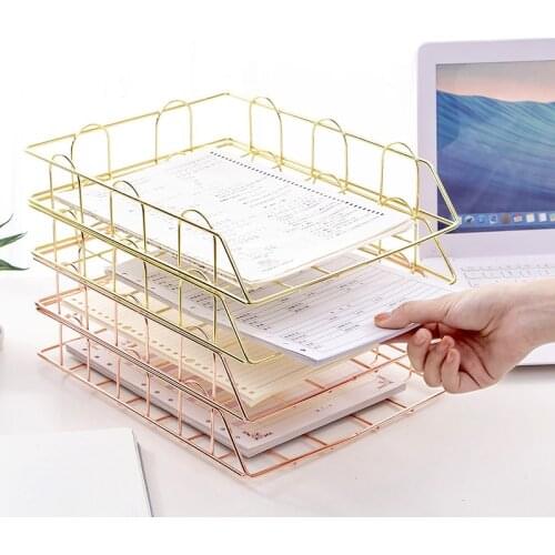 Document Tray Golden Metal Office Organizer Layered Paper Storage Paper Tray Magazine Rack Manual Coverabl File Desk Accessories