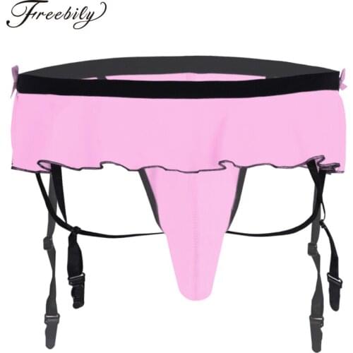 Men Sissy Lingerie Bikini Underwear Ruffle Gay Sissy Bulge Pouch Panties with Clips Garter Mens Open Butt Thong Jockstrap