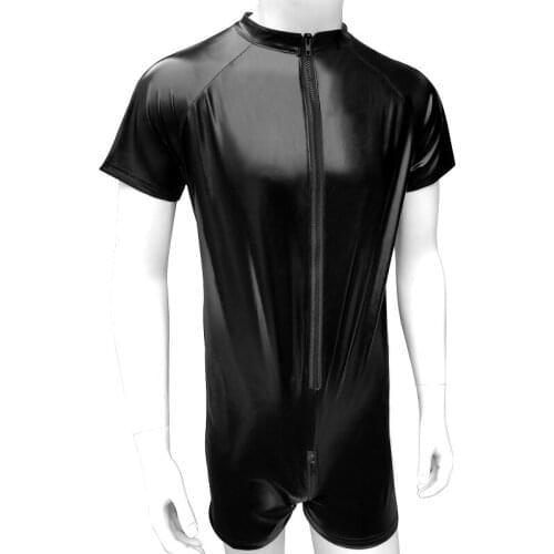Faux leather Mens Bodysuit with Mesh Each side Open Crotch zipper Sexy Lingerie for Fetish Jumpsuit Gay Male Catsuit Clubwear