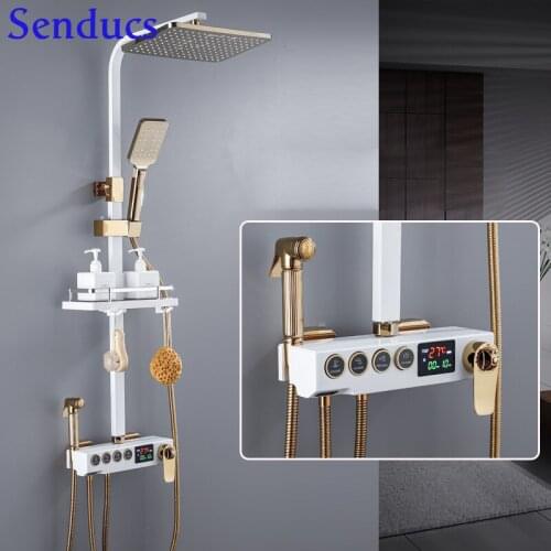 White Gold Shower Set Quality Brass Waterfall Bathroom Mixer Faucets 4 Round Button Hot Cold Thermostatic Digital Shower Set