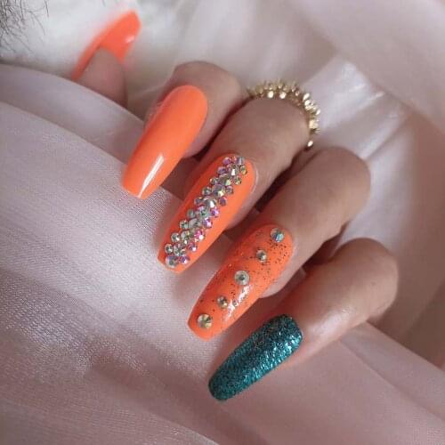 Latest fashion luxury jewelry design long Ballet Coffin fake nails 24pcs crystal diamond orange