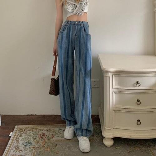 Hzirip New Korean Stripes High Waist Summer Thin Wide-Leg Women 2021 Hot Chic Fashion Loose Straight Denim Female Long Trousers