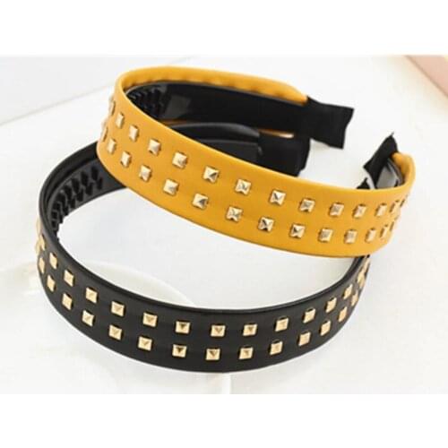 PU Leather Headband with Rivets for Teen Girls Hair Accessories Solid Hairband Toothed Not Slip Women Headband Wide Hair Hoop