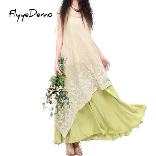 2020 Autumn Embroidered Boho Cotton Girl Linen Dress Summer Vintage Long Patchwork A Line National Women Green One-piece Dress
