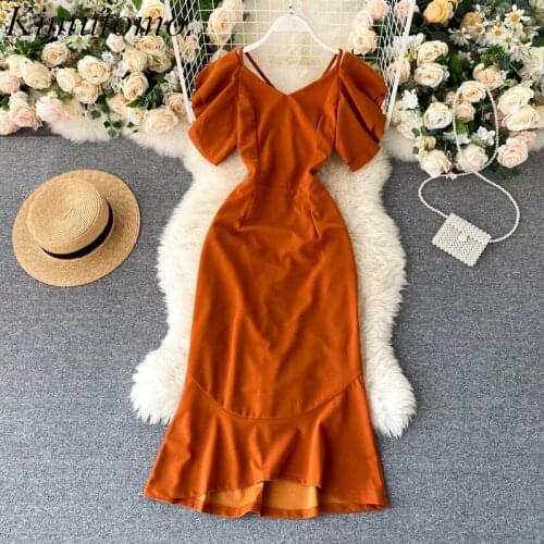 Kimutomo Elegant Solid Color Dress 2021 Summer Office Lady V-neck Short Puff Sleeve Backless High Waist Bodycon Vestido Female