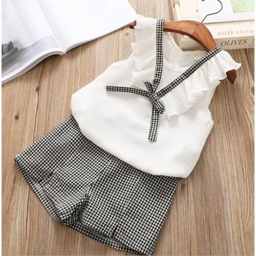 Hot Girls Clothing Sets Summer Kids Clothes Sleeveless Chiffon Shirt +Plaid Shorts Children Clothing Set