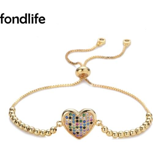 Multicolor Cubic Zirconia Stones Love Peach Heart Chain Bracelet Women Arresting Shiny CZ Brass Beads Pull Party Jewelry Gift