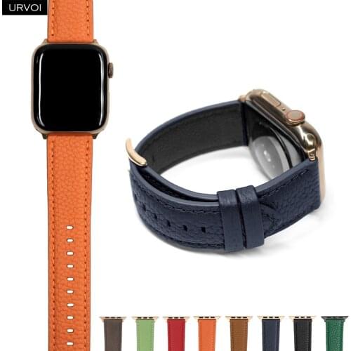 URVOI band for Apple Watch series 6 SE 5 4 3 2 1 genuine litchi grain leather strap for iWatch pin buckle black rose gold buckle